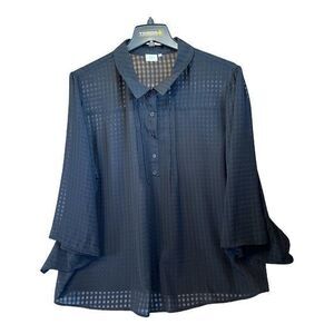 Nordstrom Blouse Womens Size 3X Black Good Luck Gem Sheer Gingham Flutter Sleev*